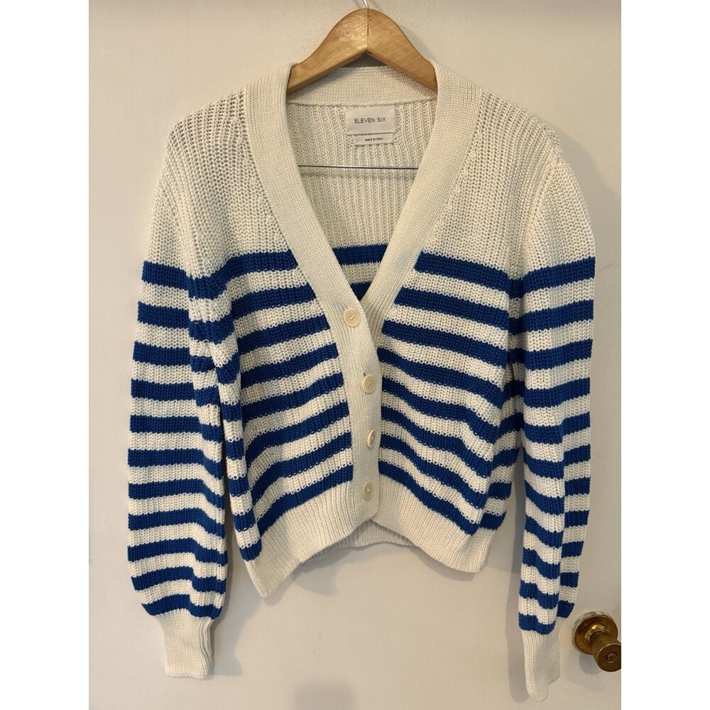 Eleven Six Women’s M/L Cardigan Sweater White With Blue Stripes Button Up Top
